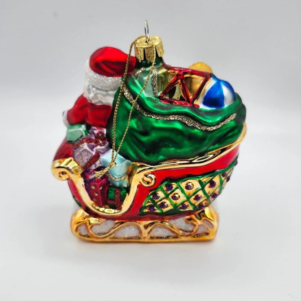 Santa in Sleigh Gift Blown Glass Ornament Polonaise Style Hand Painted Christmas